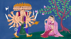 Ravan threatening sita Ravan and Sita in Ashok Vatika .